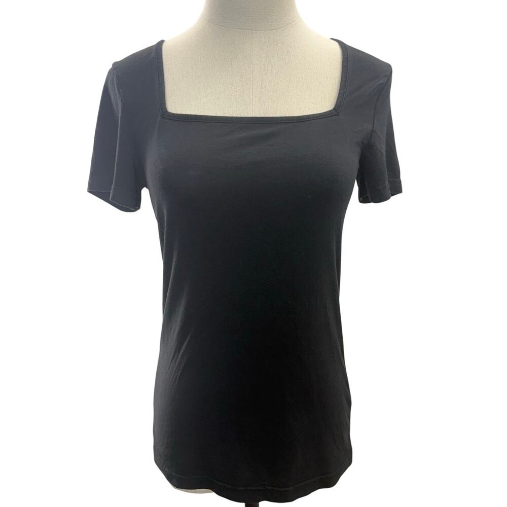 MANGOPOP Women's Black Square Neck Stretch Short Sleeve Top Size Small